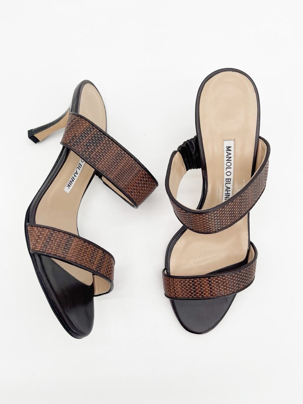 Manolo Blahnik Brown Raffia Leather Two Band Strappy Mule Sandals Heels IT 36